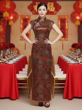 Mr. & Mrs. Formal Cheongsam Chinese Long Maxi Dress in Red/Black/Gold/Silver